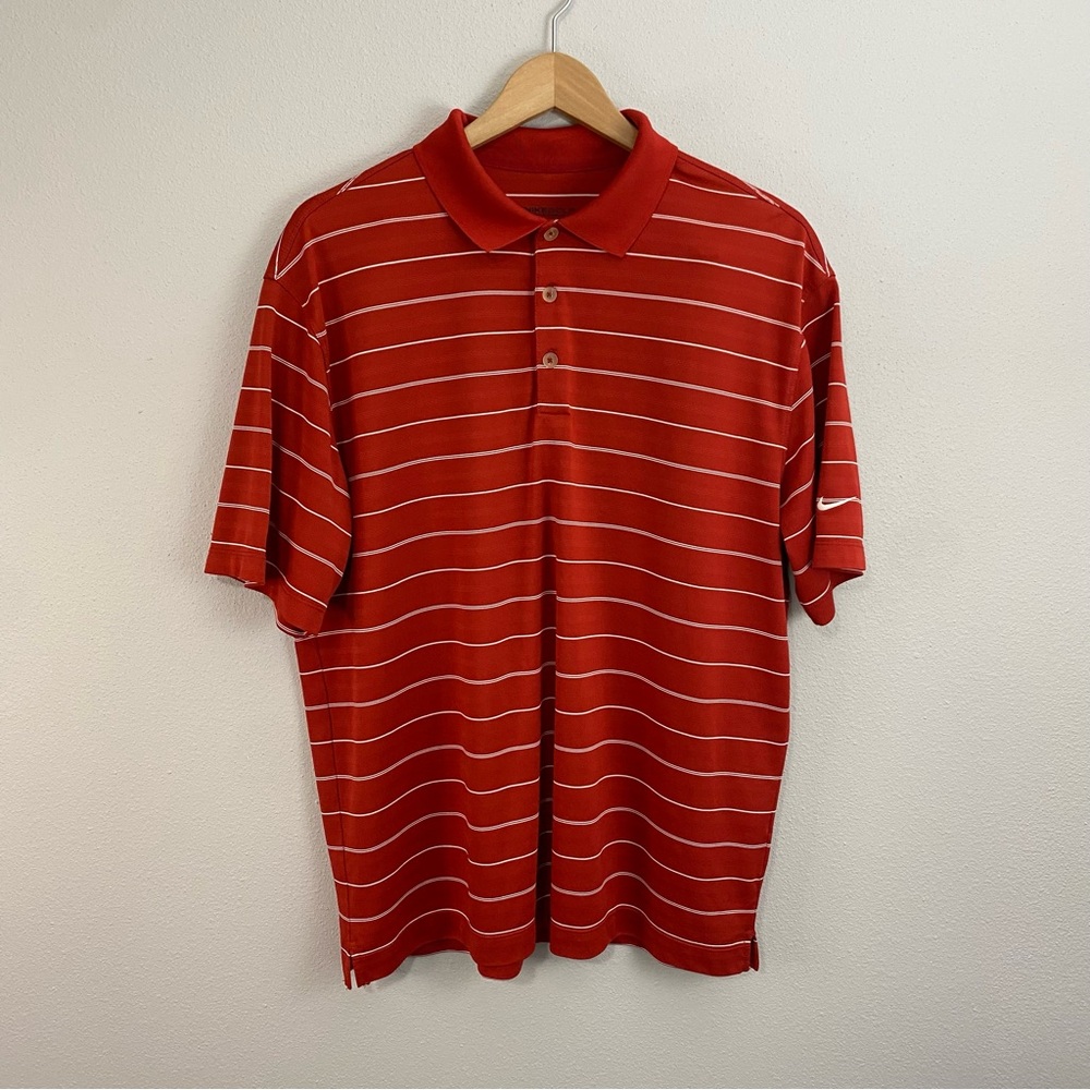 Nike Golf Dri-Fit Red and White Striped Polo Short Sleeve Mens Size Large